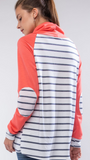 Coral and Striped Cowl Neck Top