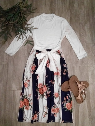 Navy Stripe with Floral Contrast Midi Dress