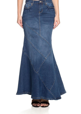 Indigo Washed Fish Tail Long Denim Skirt