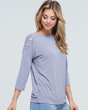 3/4 Sleeve Top with Boat Neck and Button Detail