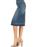Vintage Washed Denim Midi Skirt with Elastic Waistband