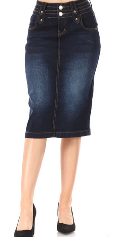Denim Midi Skirt with Double Waistband Detail in Dark Indigo Wash