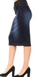 Denim Midi Skirt with Double Waistband Detail in Dark Indigo Wash