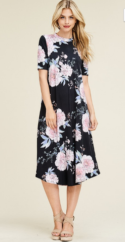 Soft Black Flared Midi Dress with Bold Floral Print