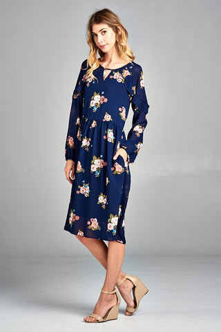 Navy Blue Floral Midi Dress with Ruffled Shoulders
